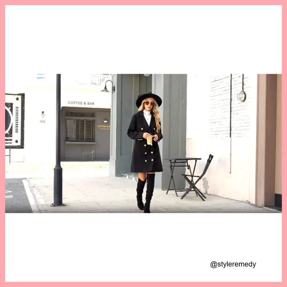 Double Breasted Wool Pea Coat, Knee-Length Midi Trench, Polyester - Picture 7 of 7
